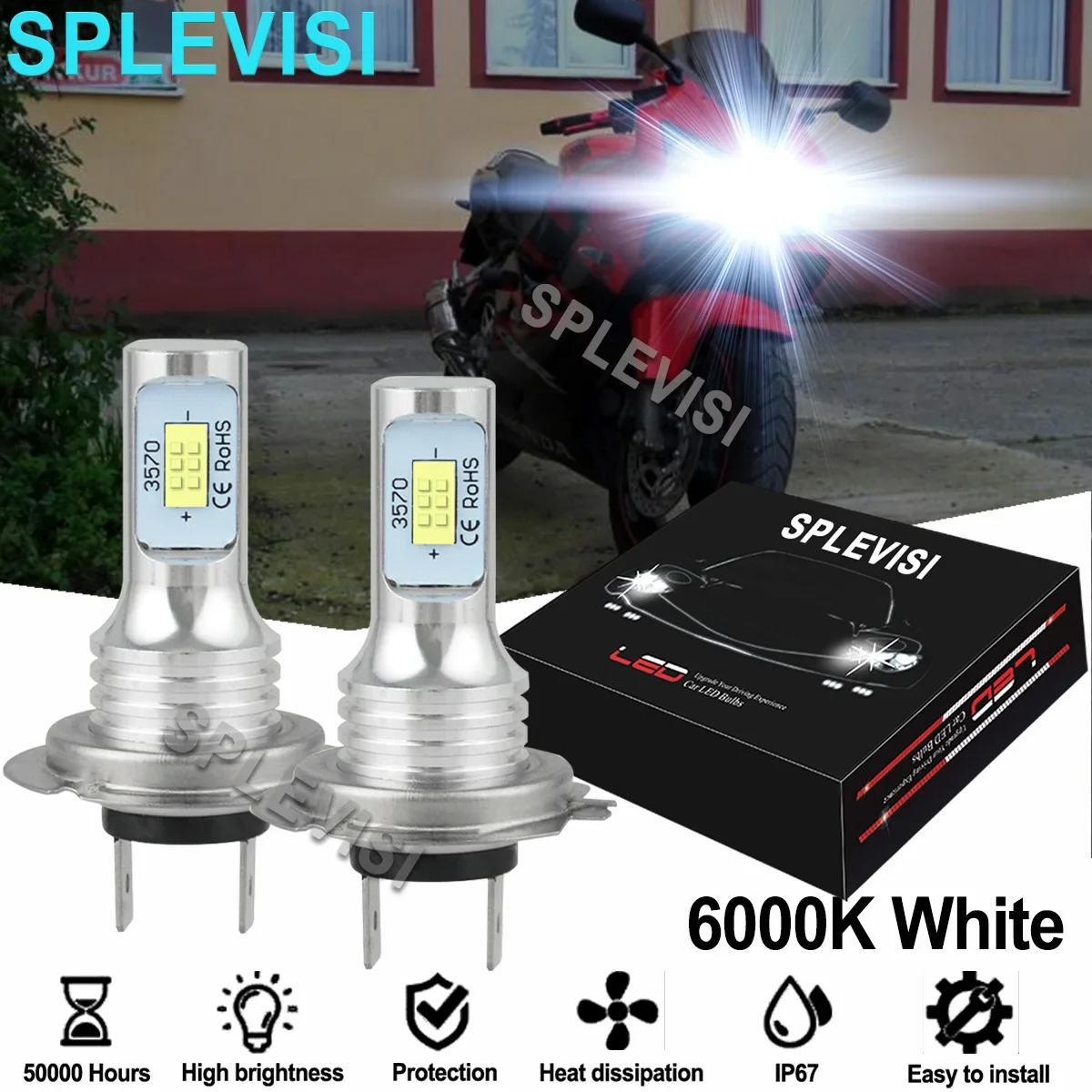 

2x Motorcycle LED Light Headlight Bulbs H7 For Honda CBR600RR 2004 2005 2006 2007 2008 2009 2010 2011 2012 2013 2014-2017