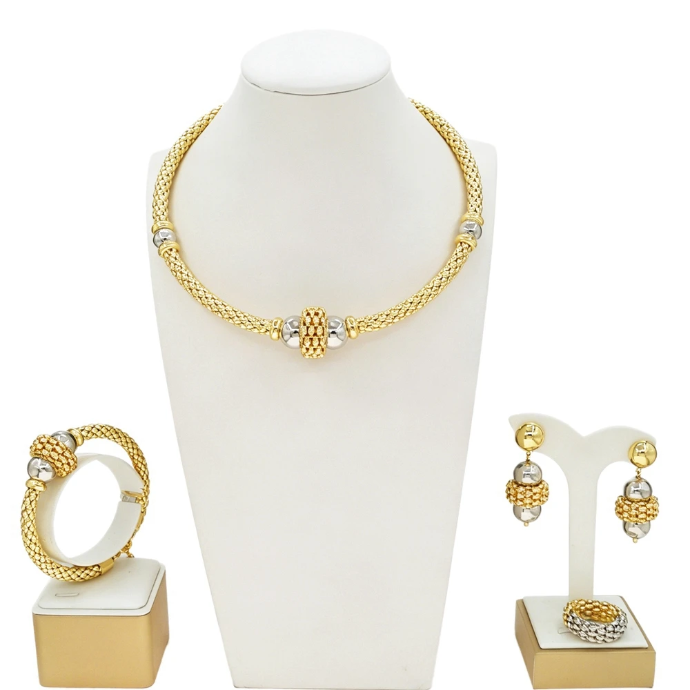 Two-Tone Gold Silver Plated 4PCS Jewelry Set Braided Mesh Beaded Necklace Earrings Bracelet Ring