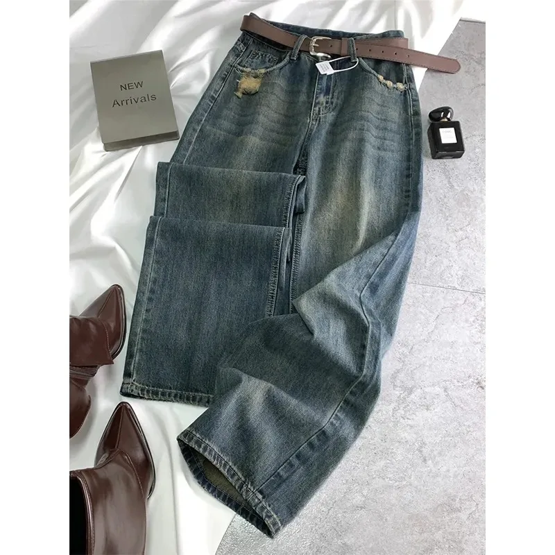 

Womens Jeans Distressed Light Blue Wide Leg High Waist Loose Fit Spring Summer Trousers Womens Pants Slimming Straight