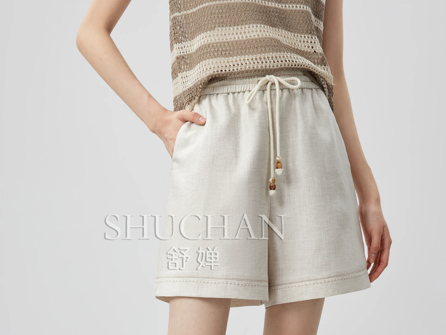 Good Quality 25 Charlessel Linen Beaded Drawstring Elastic Waist Literary Casual Versatile Shorts women