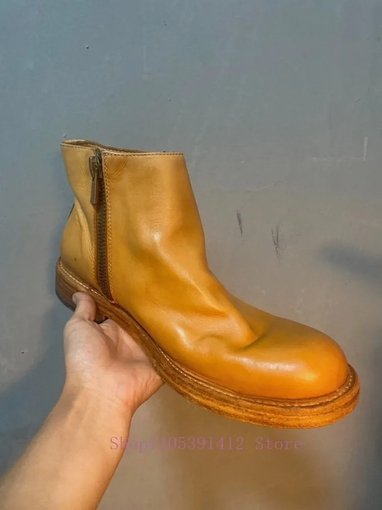 British Vintage Men Shoes Handmade Washed Cow Leather Chelsea Boots Side Zip Round Toe Casual Short Ankle Boots