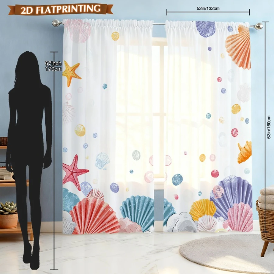 2PCS Digital Print Sheer Curtain, Colorful Shell Bubble, Vintage Floral Window Curtains for Living Room Bedroom Home Decor