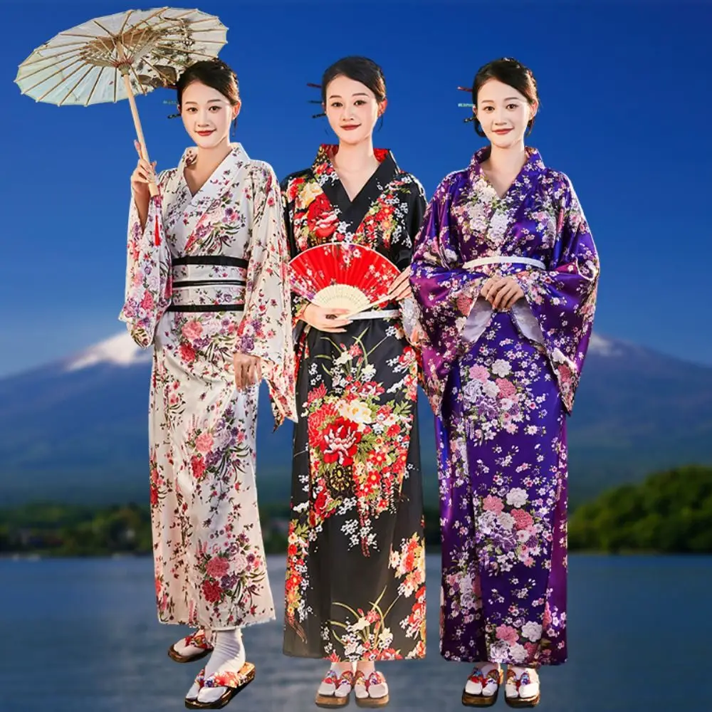 Cosplay Costume Traditional Japanese Kimono Japanese Style Printed Floral Sakura Girl Kimono Dress Elegance Asian