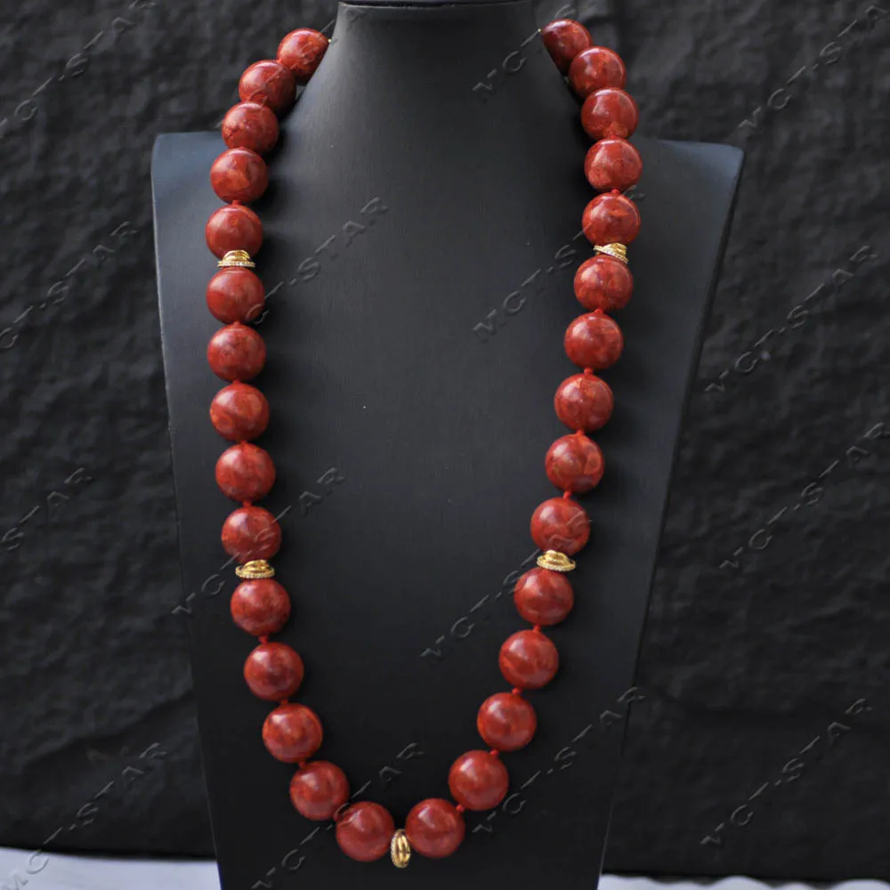Z14592 26'' 18mm Natural Red Round Grass Coral Bead Necklace CZ