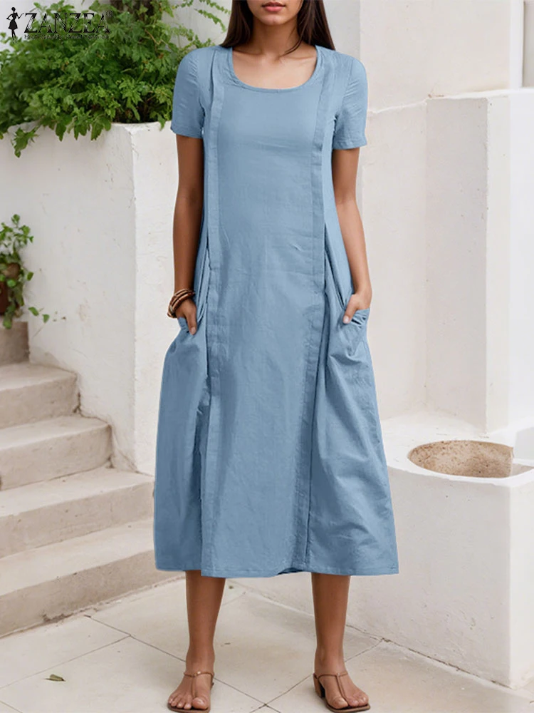 ZANZEA Vestito Solido di Modo Delle Donne di Estate Vestido 2025 Elegante Manica Corta Tasche A Pieghe Midi Vestito Estivo O-Collo Casual Allentato Veste