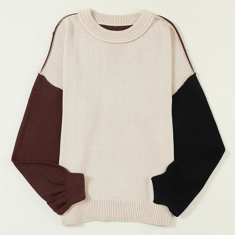 Loose Fit Pullover Sweater with Streetwear Style Long Sleeve Women Sweater Regular Length Patchwork Printed Dyeing External Seam
