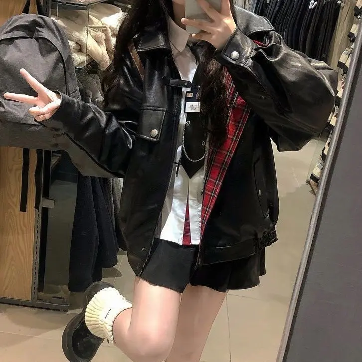 

Американские лоскутные свободные куртки-бомберы в стиле Харадзюку, винтажная куртка-бомбер из искусственной кожи на молнии в студенческом стиле, корейская двусторонняя женская кожаная куртка с решеткой