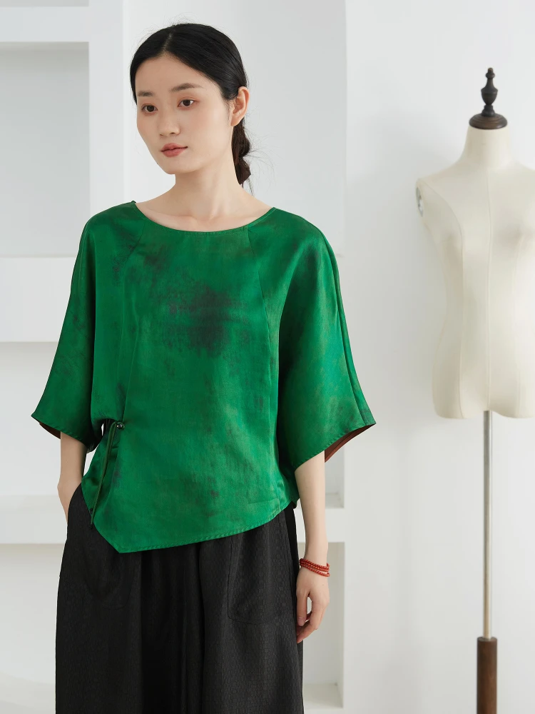 

Loose Silk T-irt Summer Original Design Button Straight Tube Batwing Sve Dyed T Top Silk Casual Women's Fas...