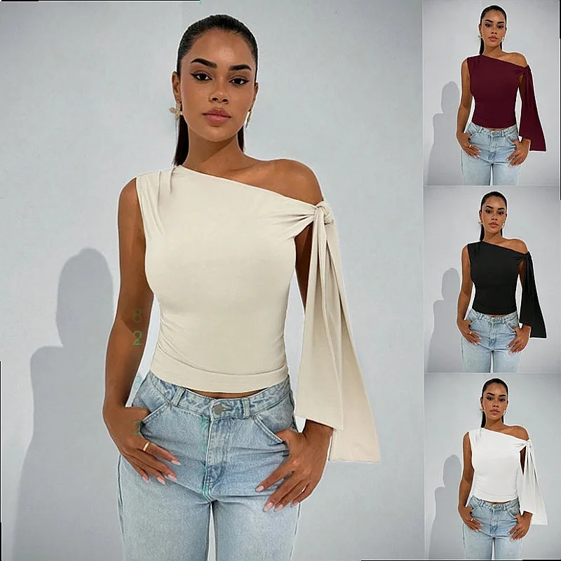 

Summer Spring Solid Sleeveless Blouse Top Tie Knot Asymmetric Neckline Fitted Tee Tops