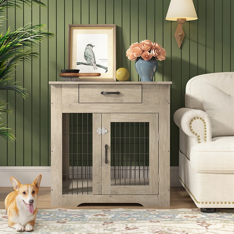 

Furniture Style Dog Crate End Table with Drawer, Pet Kennels with Double Doors, Dog House Indoor Use,29.9''x24.8''x30.71''