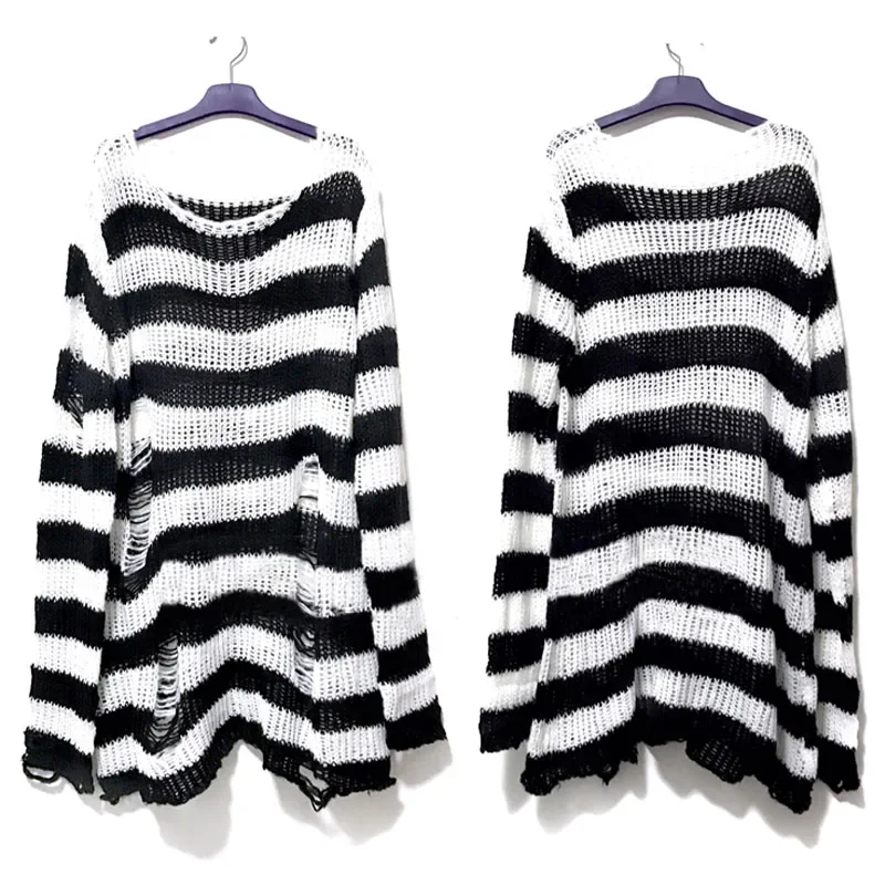 New Streetwear Top Punk Gothic Long Unisex Sweater Summer Women Striped Cool Hollow Out Hole Broken Jumper Loose Rock Thin Dark