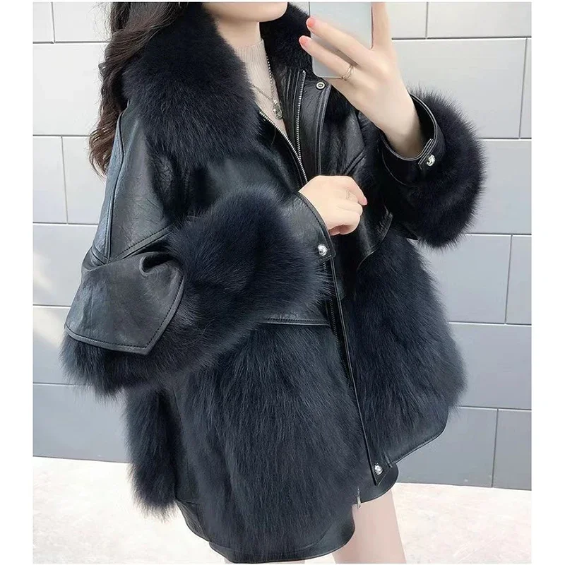 Winter Korean PU Leather Fox Hair Imitation Mid length jacket Thickened Women\'s Coat Fur Coat Women\'s Jacket Loose Coat E3573