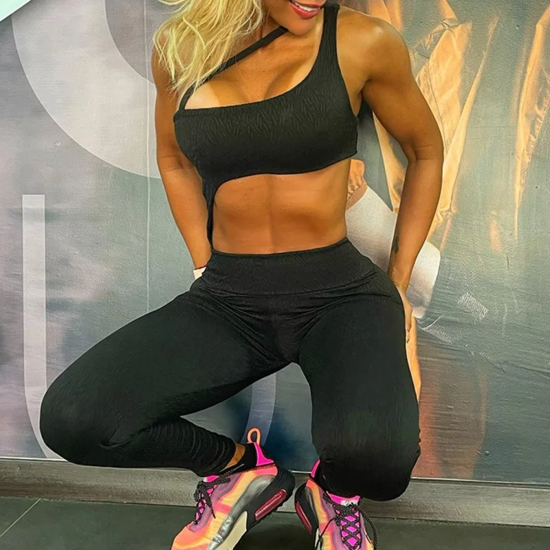 Krisnanas Sports Pants Set Women's Jumpsuits Clothes Sports Suits Solid One Shoulder Waist Cutout Yoga Suits Sportswear 106226