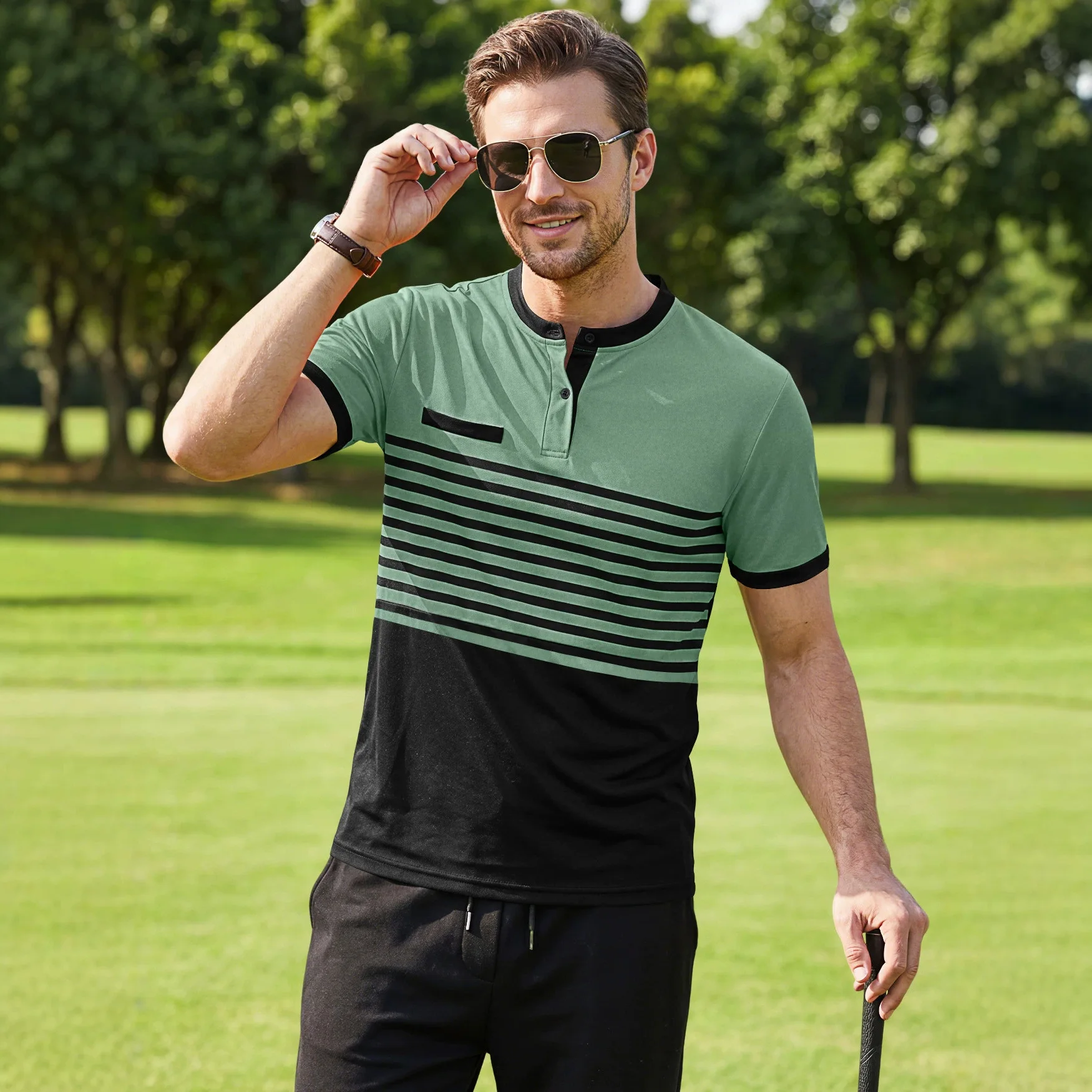 Men's Striped Color Block Henley T‑Shirt Short Sleeve Button Placket Decor Pocket Casual Summer Tops