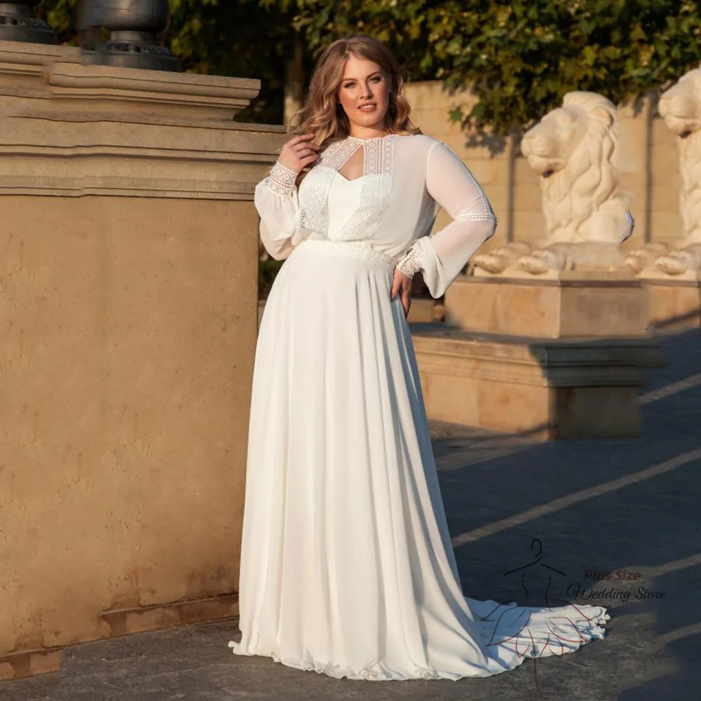 High Quality Chiffon Wedding Dresses Plus Size 2023 O-Neck Puff Long Sleeves Bride Gown A-Line Sweep Train Robe De Mariée