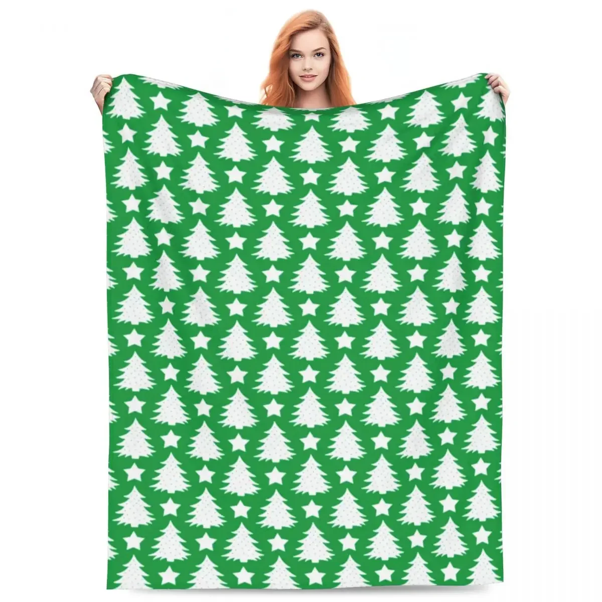 

Whimsical Christmas Tree Flannel Blankets Star Green White Super Warm Throw Blanket for Couch Chair Sofa Bed Bedspread Cover