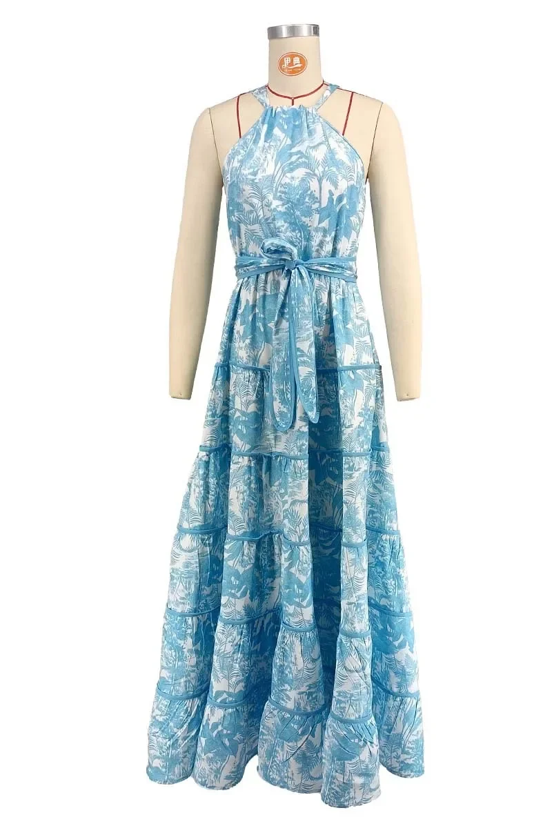 GUWU sans manches plage Boho feuille imprimé grande balançoire licou cou dos nu Maxi robe longue femmes Sexy robes d'été robes
