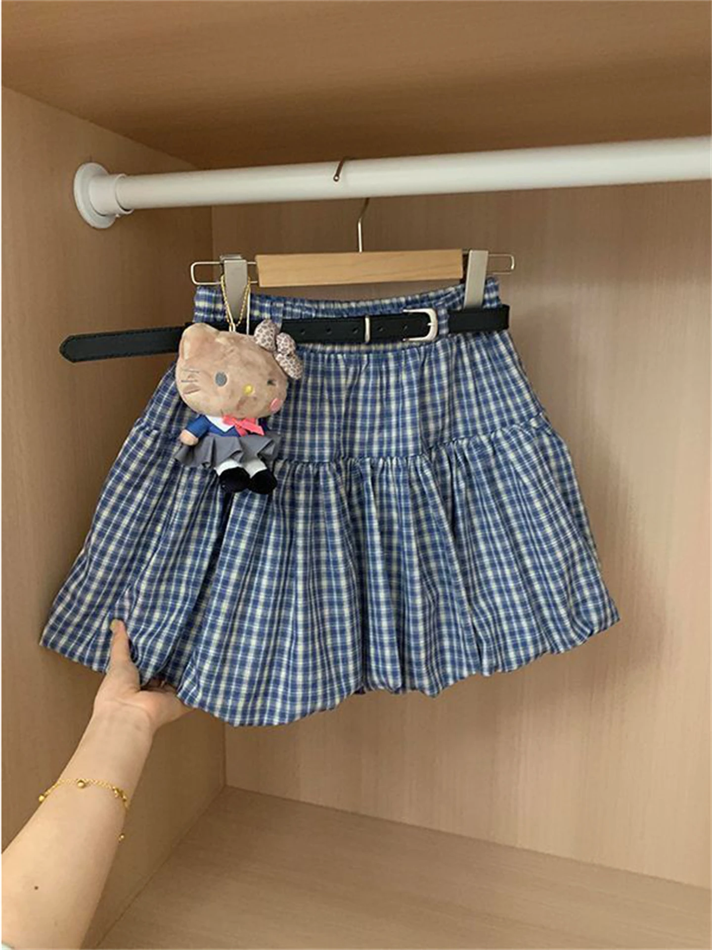 Koreaanse Sle Hoge Taille Geruite Bloemknop A-lijn Rok Dames Faion Lente Herfst Seizoen Ademend Comfortabel Polyes...