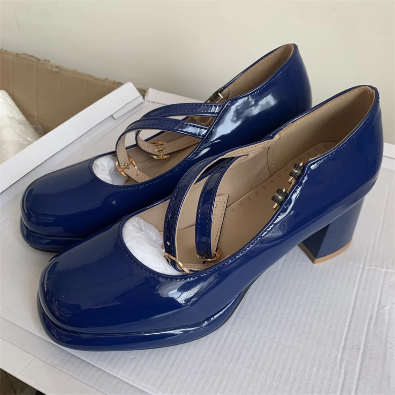 Elegant High Heels Pumps Women\'s Mary Janes Shoes Large Size 45 Strap Black Blue Red Pink White Block Heeled Party Wedding Shoes