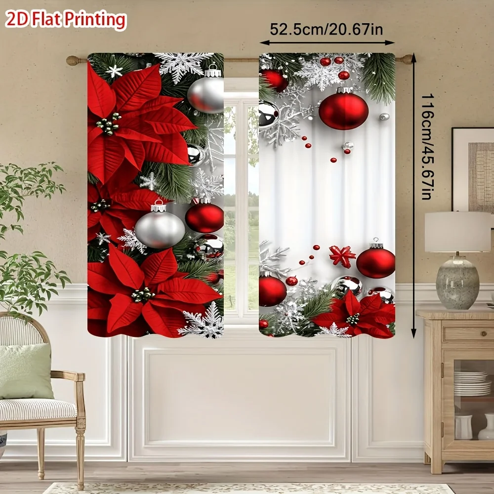 Christmas Poinsettia Snowflake Window Curtains Light Blocking Thermal Insulated 2 Panels