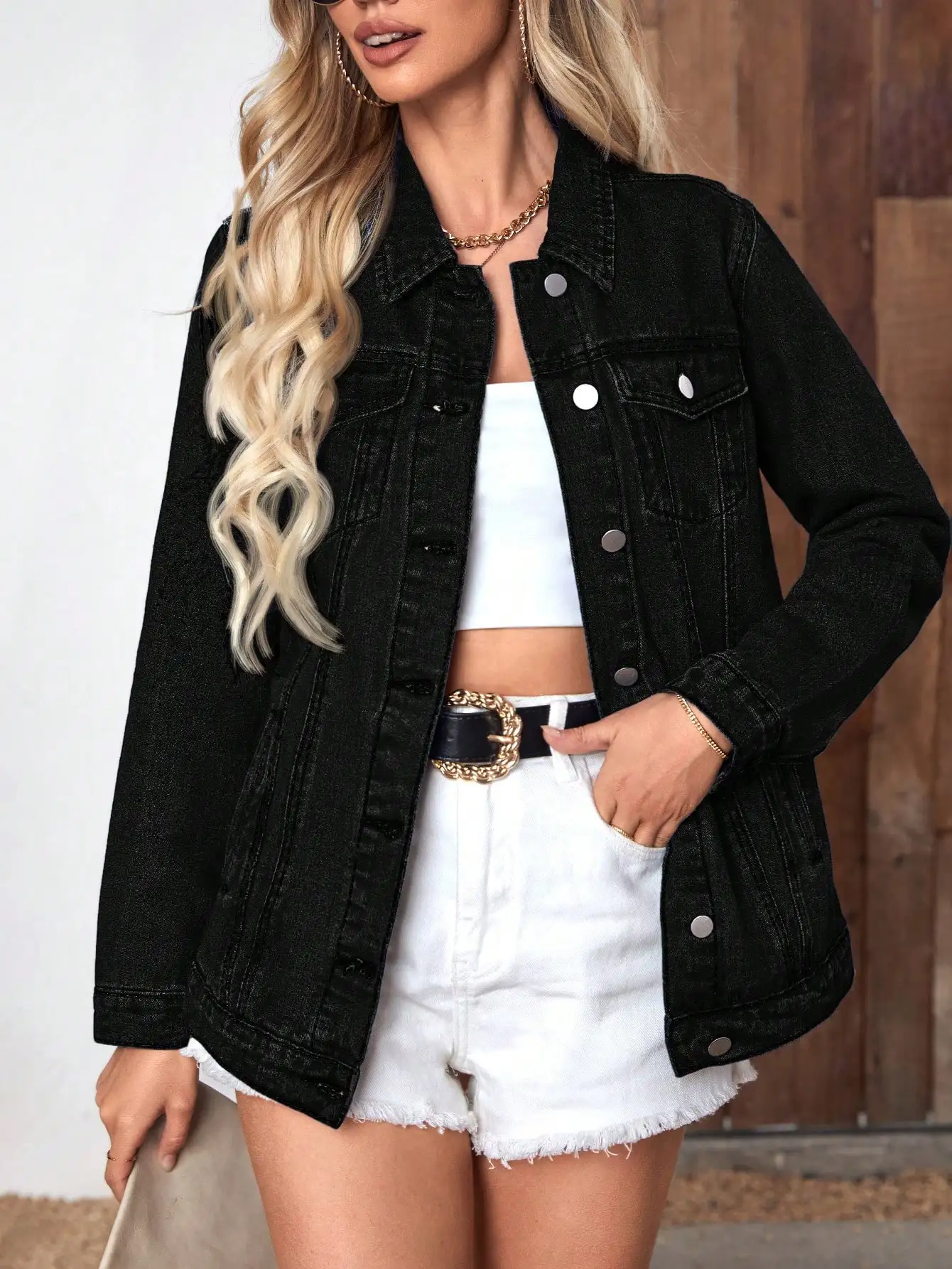 

Women's Black Denim Jacket with Front Buttons, Long Sleeves & Chest Pockets - Casual Street Style