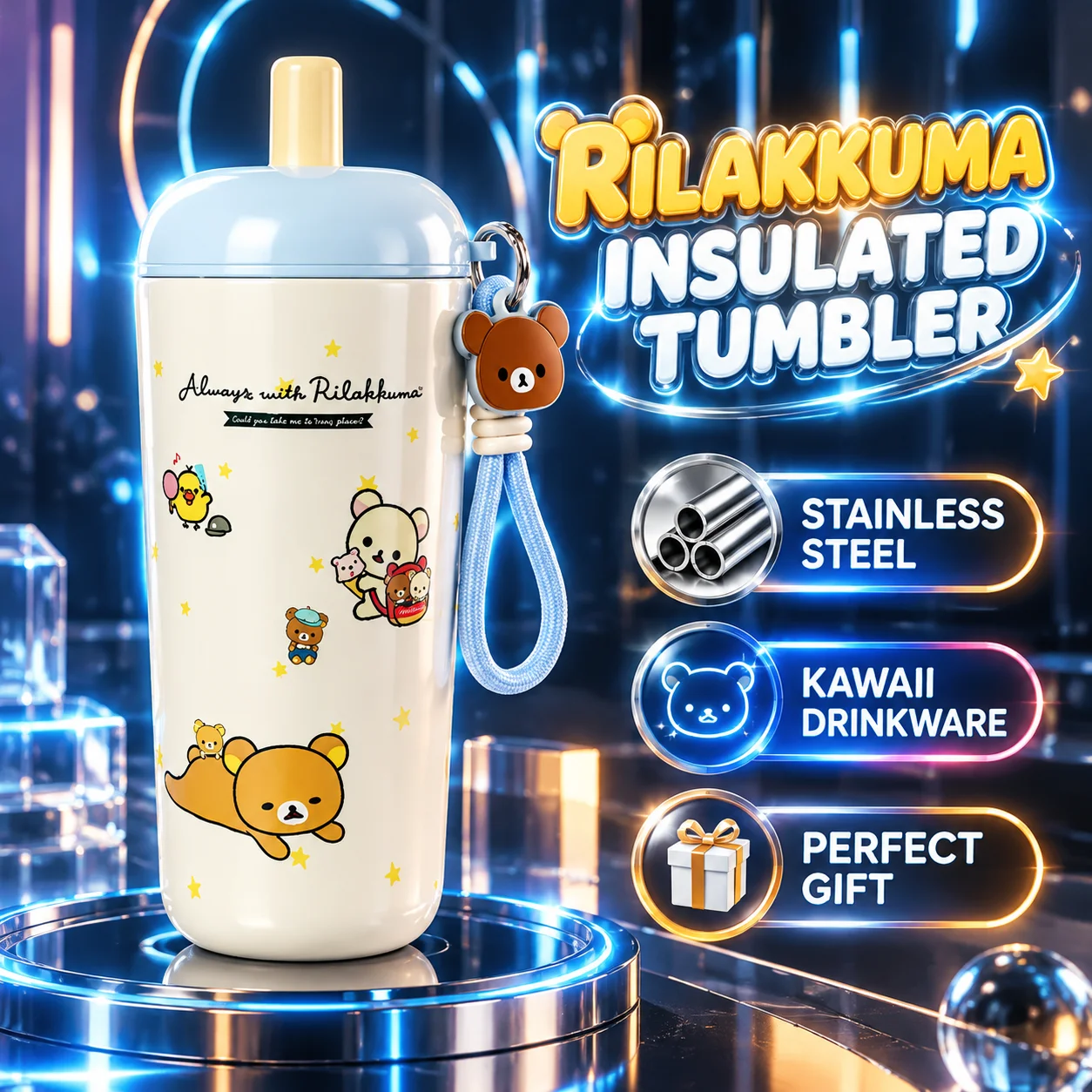 In Stock Rilakkuma 560ml Stainless Steel Straw Insulated Water Bottle Portable Leakproof Travel Car Mug For Adults Surprise Gift