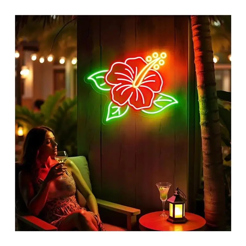 Hibiscus Neon Sign, Tropical Flower Wall Decor For Beach Bar Bedroom Party Hawaiian Aesthetic Decoration Lights 43cm34cm