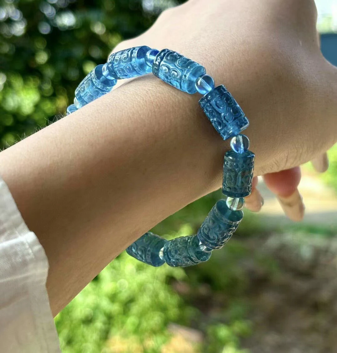 

Natural Blue Aquamarine Clear Barrel Beads Carved Bracelet Women Men Brazil 9mm Stretch Blue Aquamarine Jewelry AAAAA