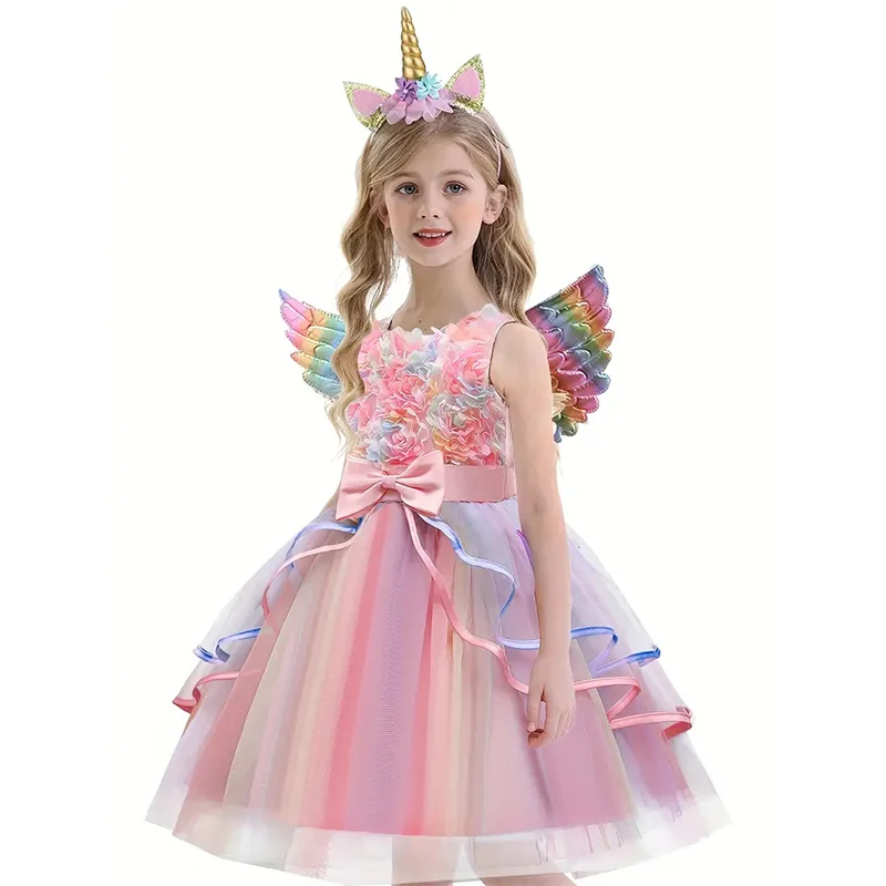 Kids Ruffles Flower Unicorn Rainbow Princess Tutu Dress+Colorful Wing For Baby Girls Banquet Birthday Carnival Party Photo Shoot