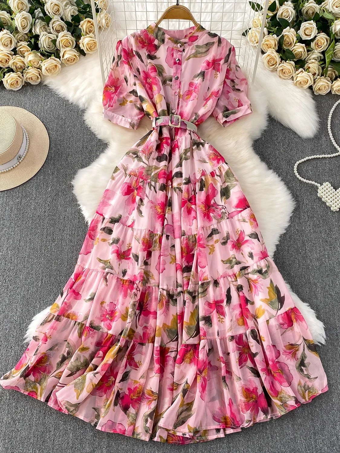 Vaion Print round Ne Long Dr Women's Autumn Belted Waist Slimming Skirt Hem Bell Sve A-Line Midi Dr