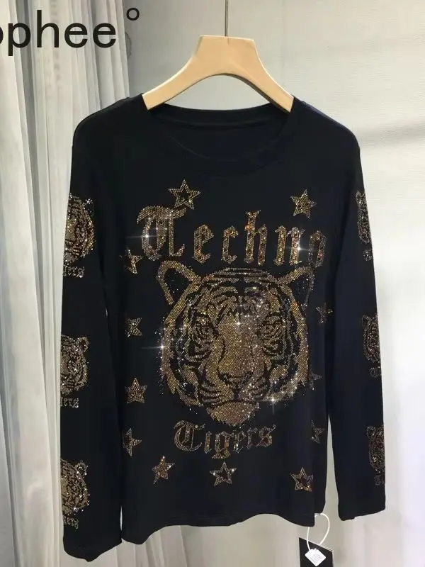 Domineering Tiger Hot Drilling Women Basic Tees New Autumn Winter Slimming Long Sleeve T-shirt Large Size O-neck Cotton Tops