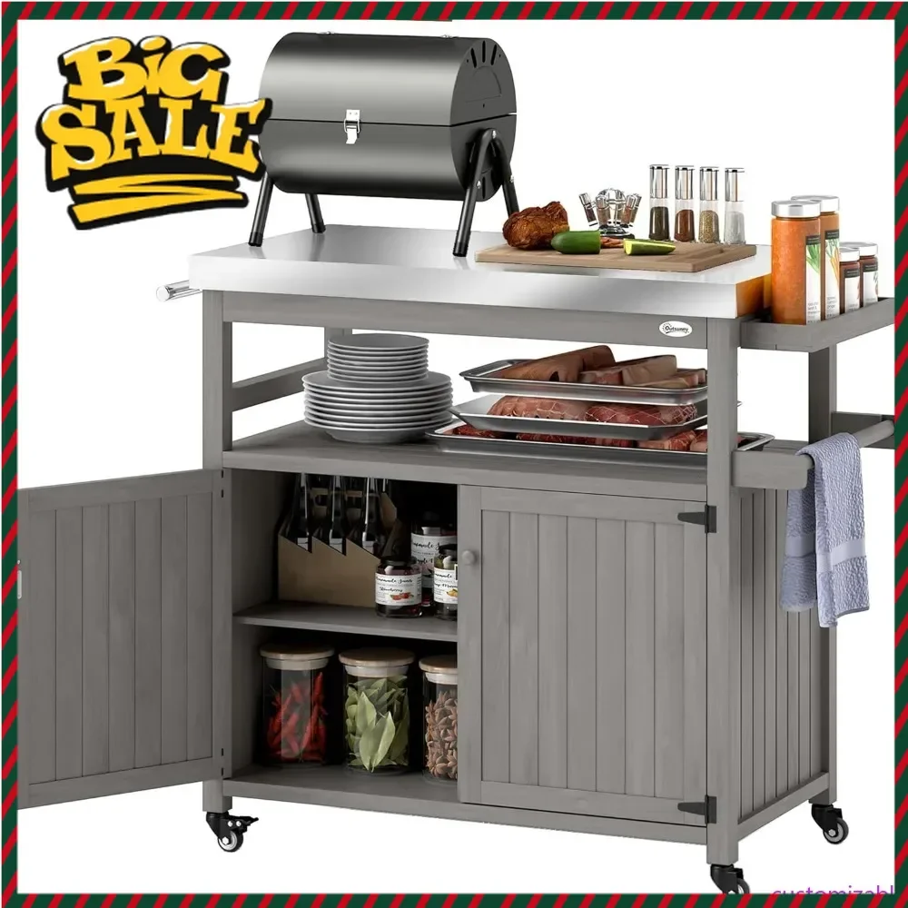 Hot salesPortable Outdoor Kitchen Island with Stainless Steel Countertop, Solid Wood Grill Cart on Wheels, Mobile Bar Station
