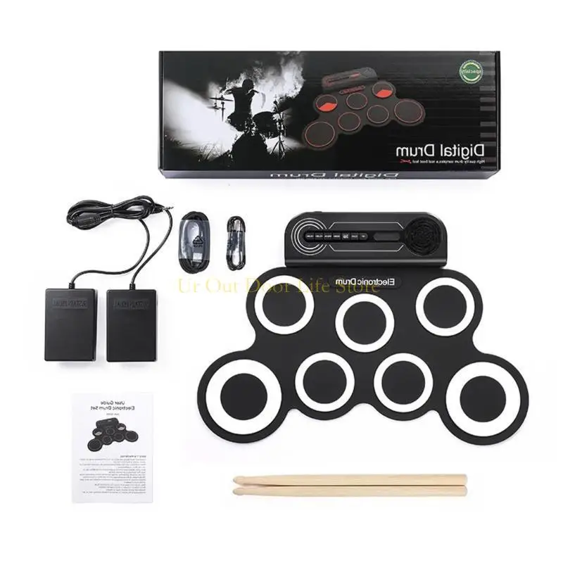77UF Hand Roll Drum Silicone Practice Pad with Speaker Drumsticks Foot Pedal