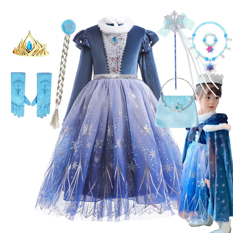 2026 Princess Winter Costume Full Sleeve Warm Velvet Bodice Kid Snow Queen Cosplay Elsa Inspired Movie Role Play Apparel Gown