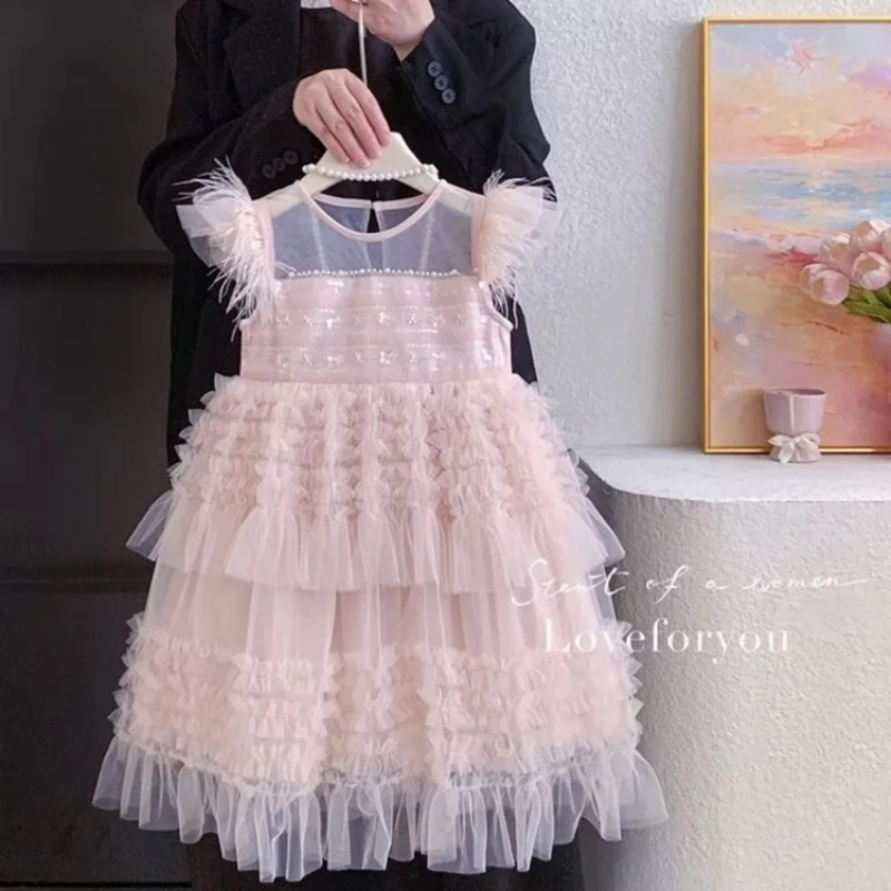 

Girls' Princess Dress Summer Mesh Flutter Sleeve Tiered Cake Dress Sweet Birthday & Party Gift