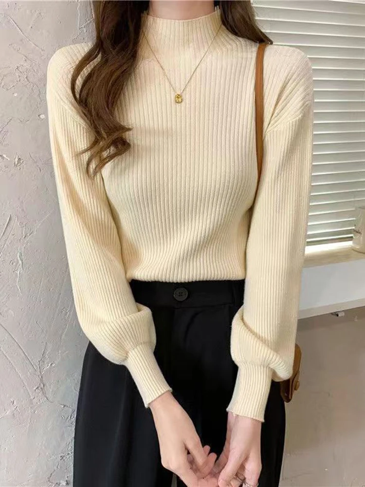 

Autumn Fashion Half Turtleneck Women Pullover Knitted Jumper Tops Lantern Long Sleeve Winter Basic Solid Soft Female Sweater