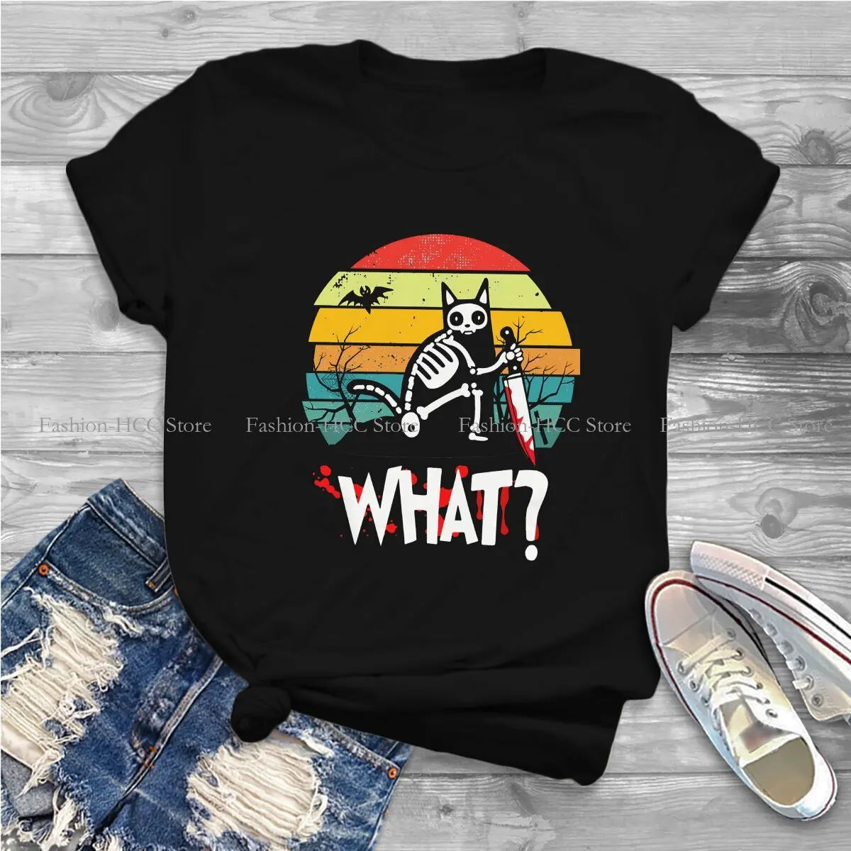 Cat What Murderous Polyester TShirts Funny  Vintage Skeleton Distinctive Homme T Shirt Hipster Clothing