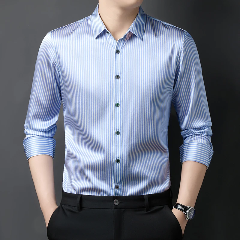 

Regular Fit Silk 90.8% Shirts For Men Long Sleeved Striped Print Summer Coolness Lightweight Quality Easy Care Camisas De Hombre