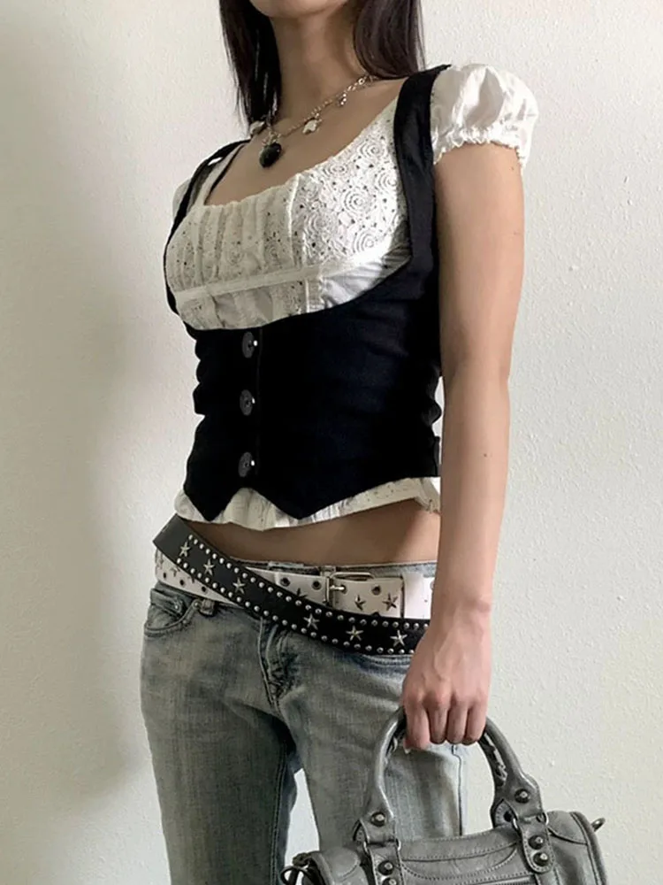 Black corset with buttons for women， adjustable sleeveless T-shirt, Vintage y2k street clothing, Harajuku 90s T-shirts belt vest