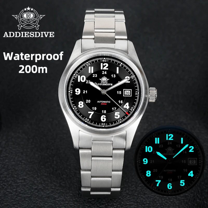 

ADDIESDIVE Men's Retro Mechanical Watch Sapphire Mirror Glass Stainless Steel Watch BGW9 Luminous 200m Waterproof Analog Watch