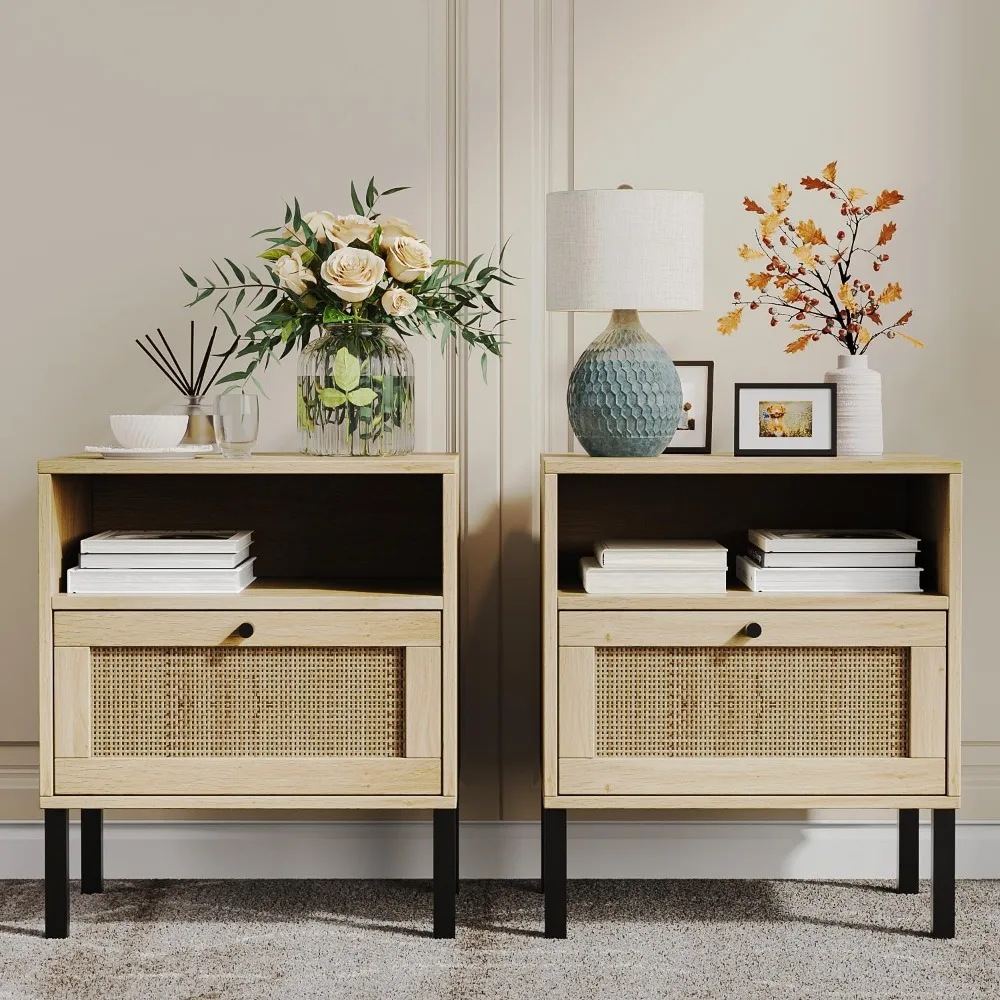 

Natural Rattan Nightstand Set of 2, Bedside Table with Handmade Decorated Door - for Cozy Bedrooms