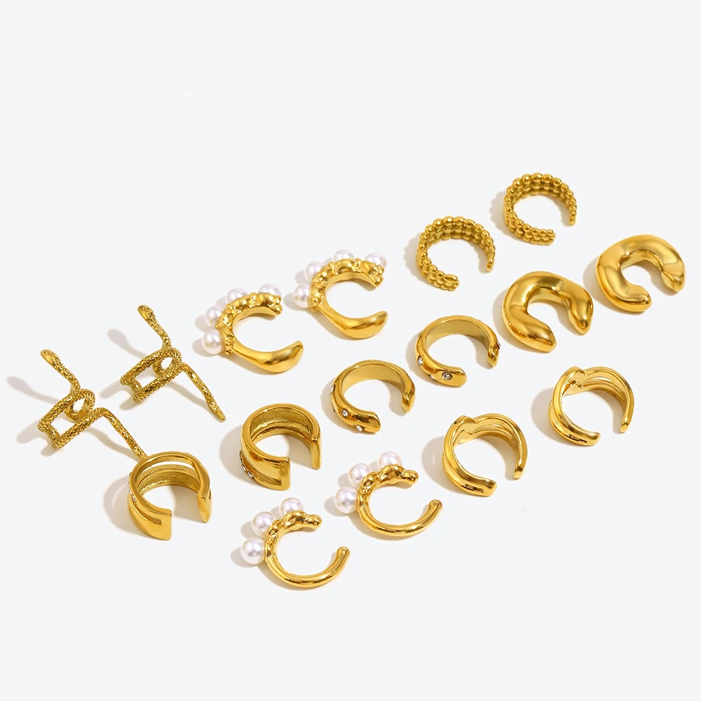 E.B.belle Double Layered Three Row Bead C-shaped Pearl Wave Checkered Snake Tangent Plane Stainless Steel Gold Color Ear Clip