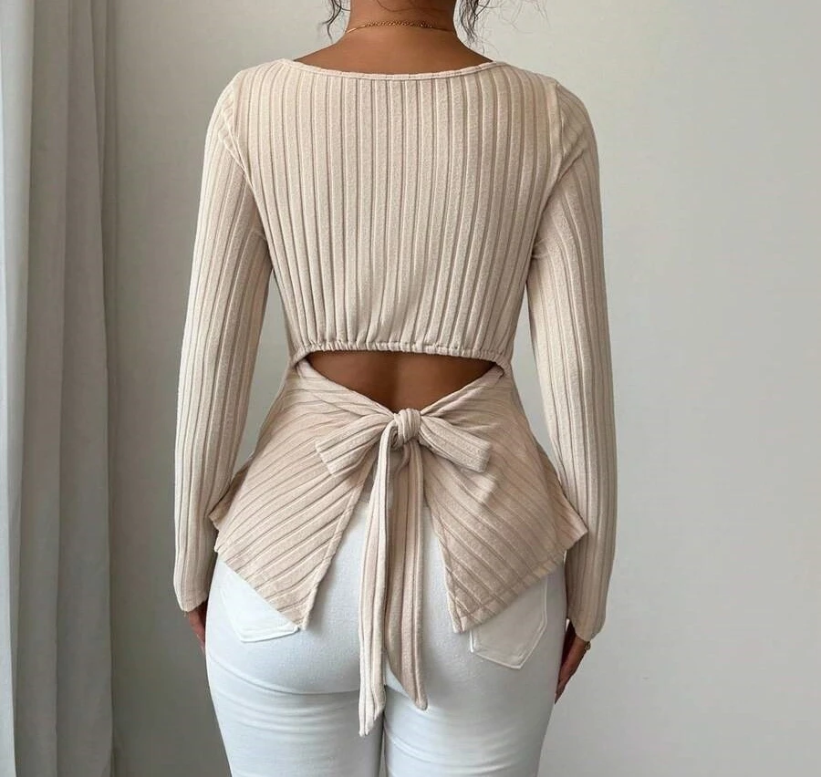 Elegante e doce gravata borboleta sem costas manga comprida suéter de malha fina para uso diário