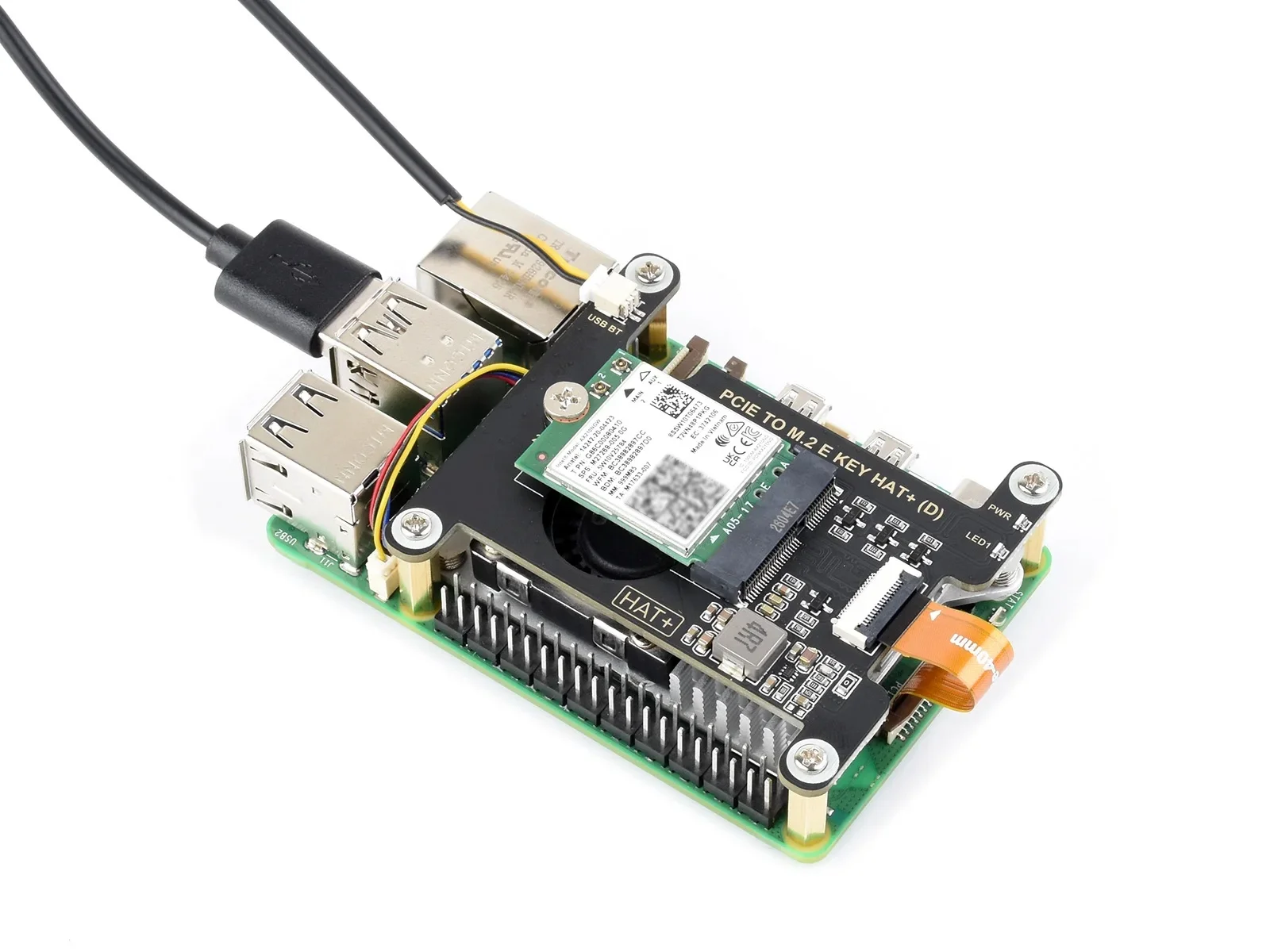 PCIe To M.2 E KEY HAT (D) For Raspberry Pi 5,for Various NGFF (M.2 E KEY) Wireless NIC, Supports USB Bluetooth Connect
