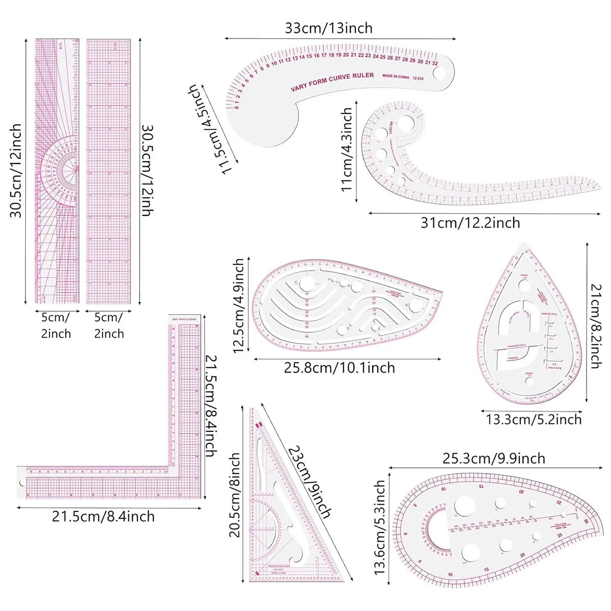 9Pcs Sewing Pattern Ruler Set Clear PVC Tailor Drafting Ruler Garment Dressmaking Curve Rule Clothing Pattern Making Tools Kit