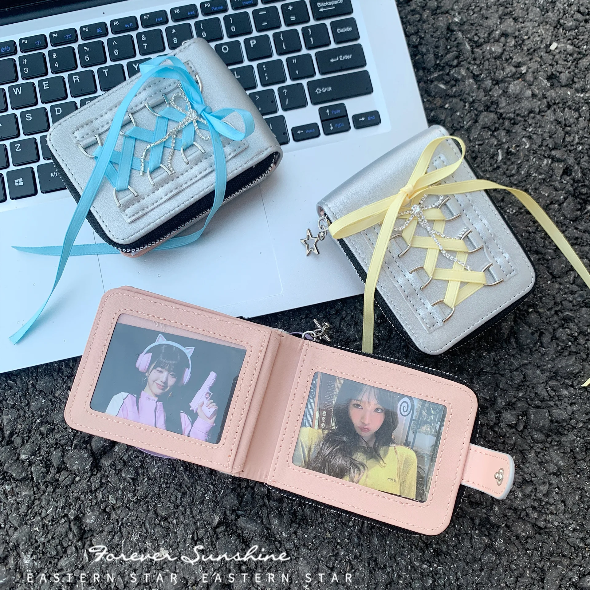 Sweet Lace‑Up Ribbon Bow Mini Wallet PU Leather Zipper Card Holder With Keychain Charm Multi‑Card Slots Coin Purse Y2K Aesthetic