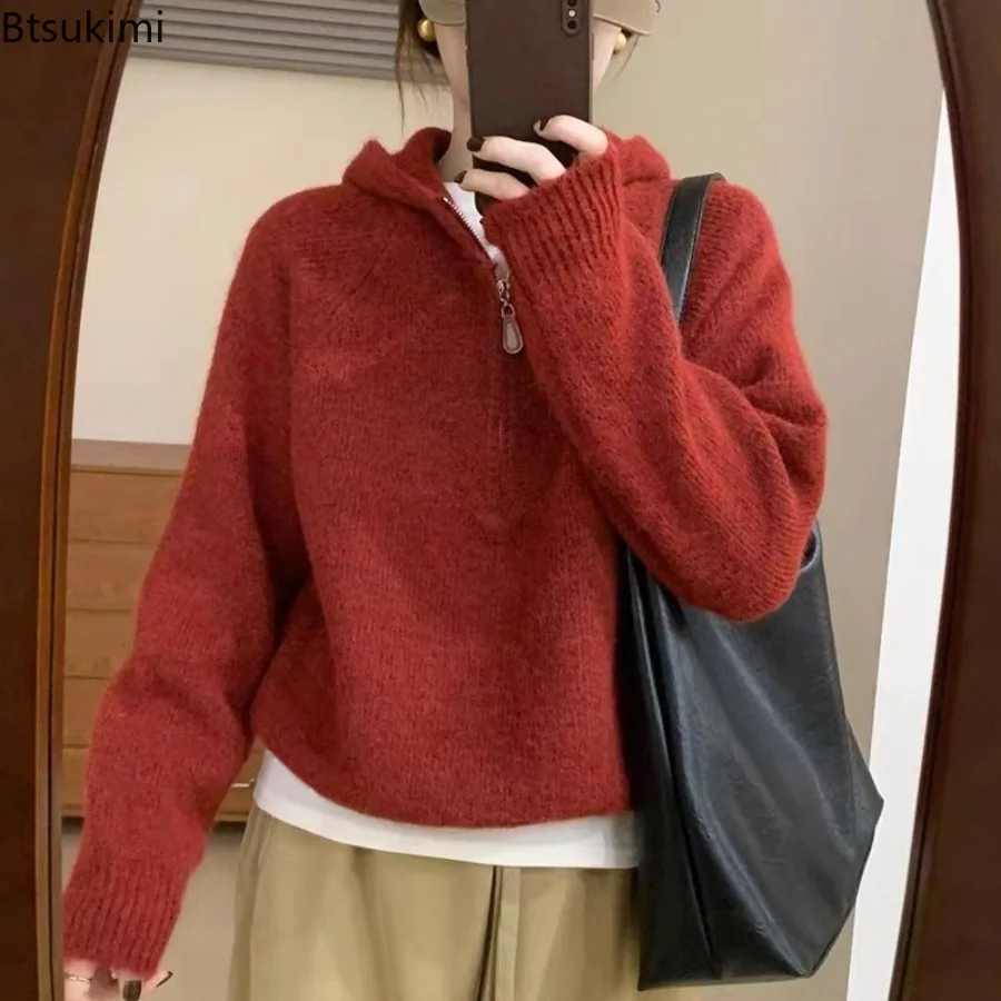 

Autumn Winter Trendy Half Zipper Sweater Women Solid Thicken Hooded Long Sleeve Knitted Pullover Loose Casual Sweater Coats