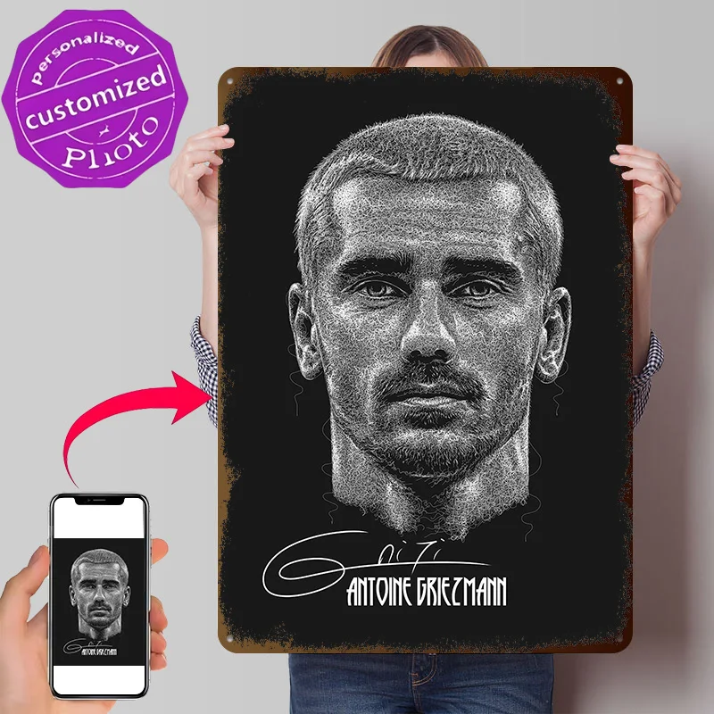 Antoine Griezmann Scribble Art Style With Signature 3D Printed Texture Poster Personalized Wall Art Retro Metal Tin Signs for