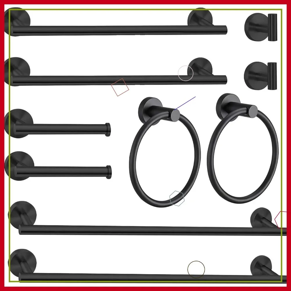 

10Pcs Black Bath Towel Bar Set - 23.6 & 16 Inch Bars, Hooks, Rings & Toilet Paper Holder
