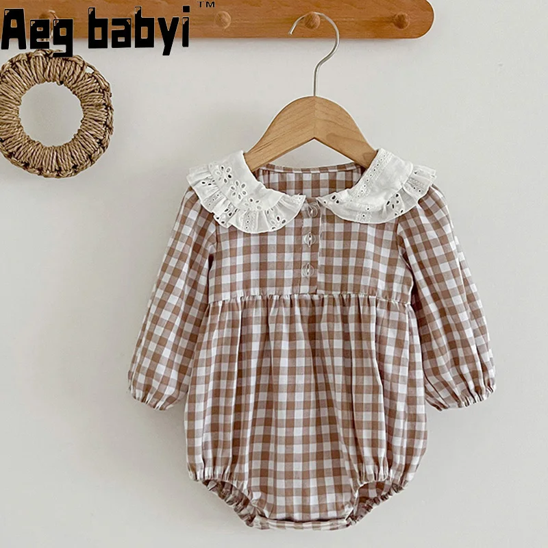 

Autumn Baby Girls Romper Kids Baby Girls Long Sleeve Bodysuit Doll collar Check ​​Cotton Infant Clothes Spring Clothing 0-24M